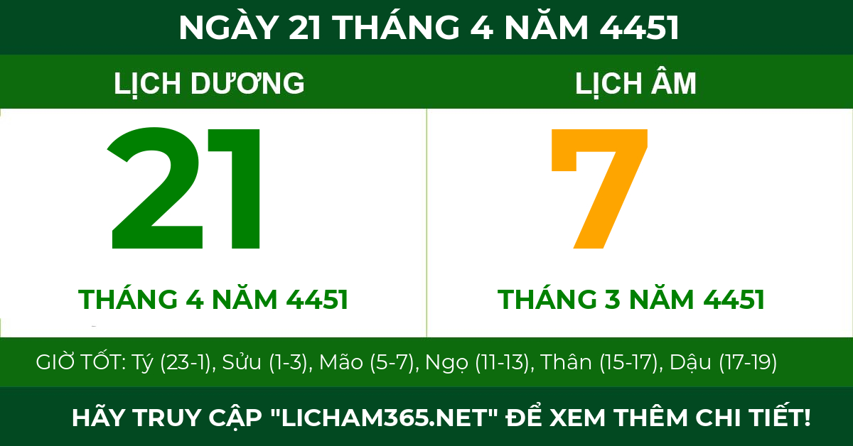 lịch âm ngày 21 tháng 4 năm 4451