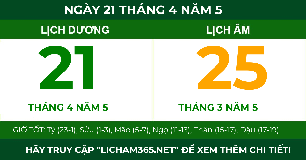 lịch âm ngày 21 tháng 4 năm 5