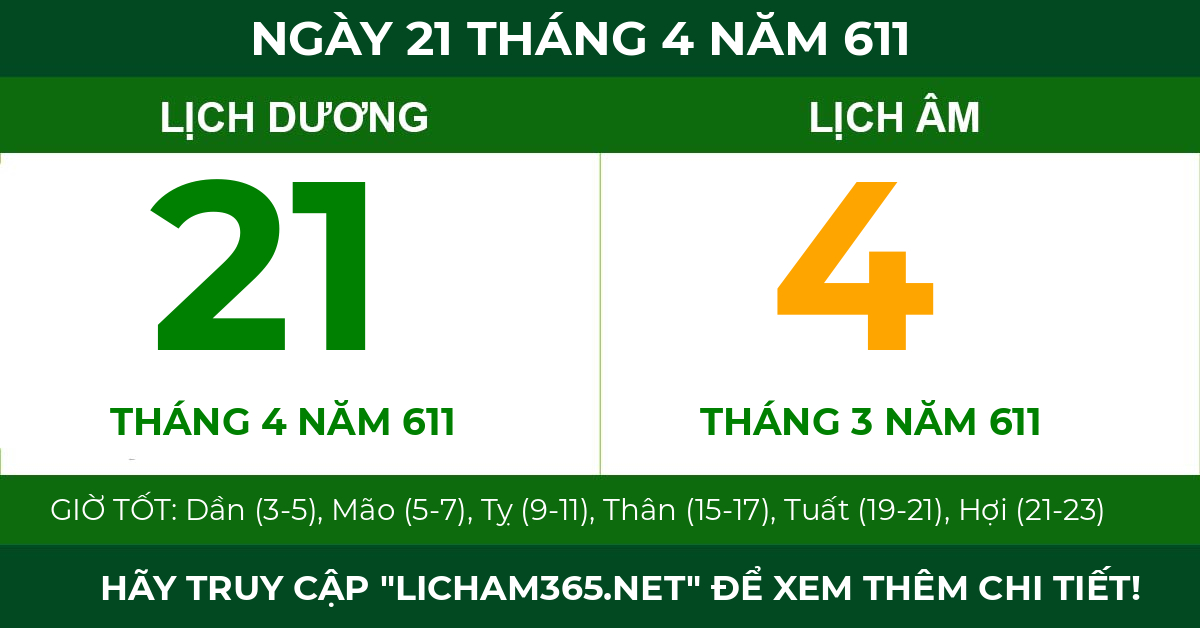 lịch âm ngày 21 tháng 4 năm 611