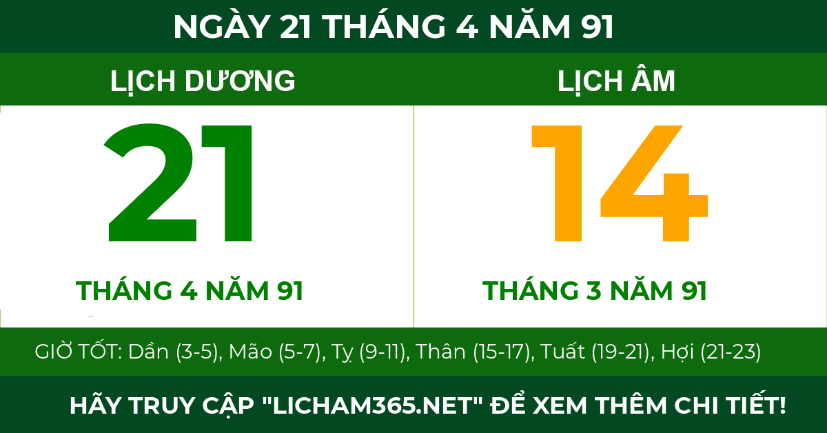 lịch âm ngày 21 tháng 4 năm 91