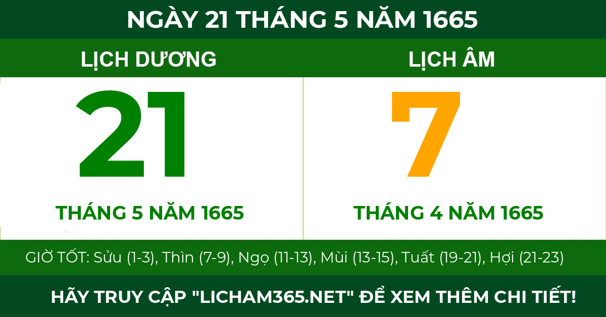 lịch âm ngày 21 tháng 5 năm 1665
