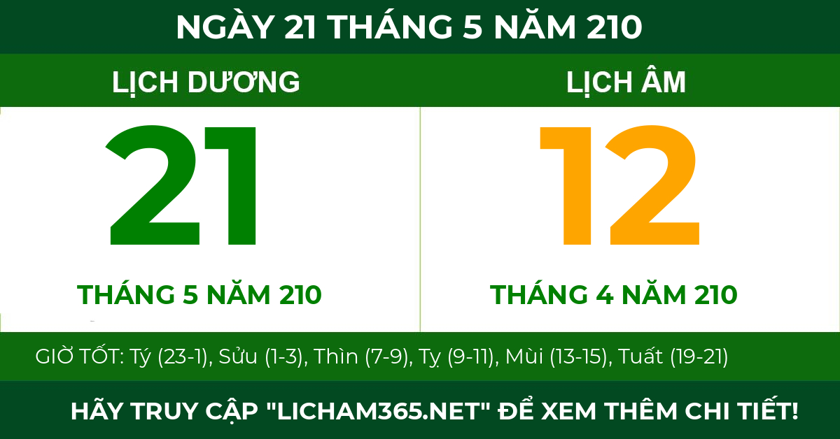 lịch âm ngày 21 tháng 5 năm 210