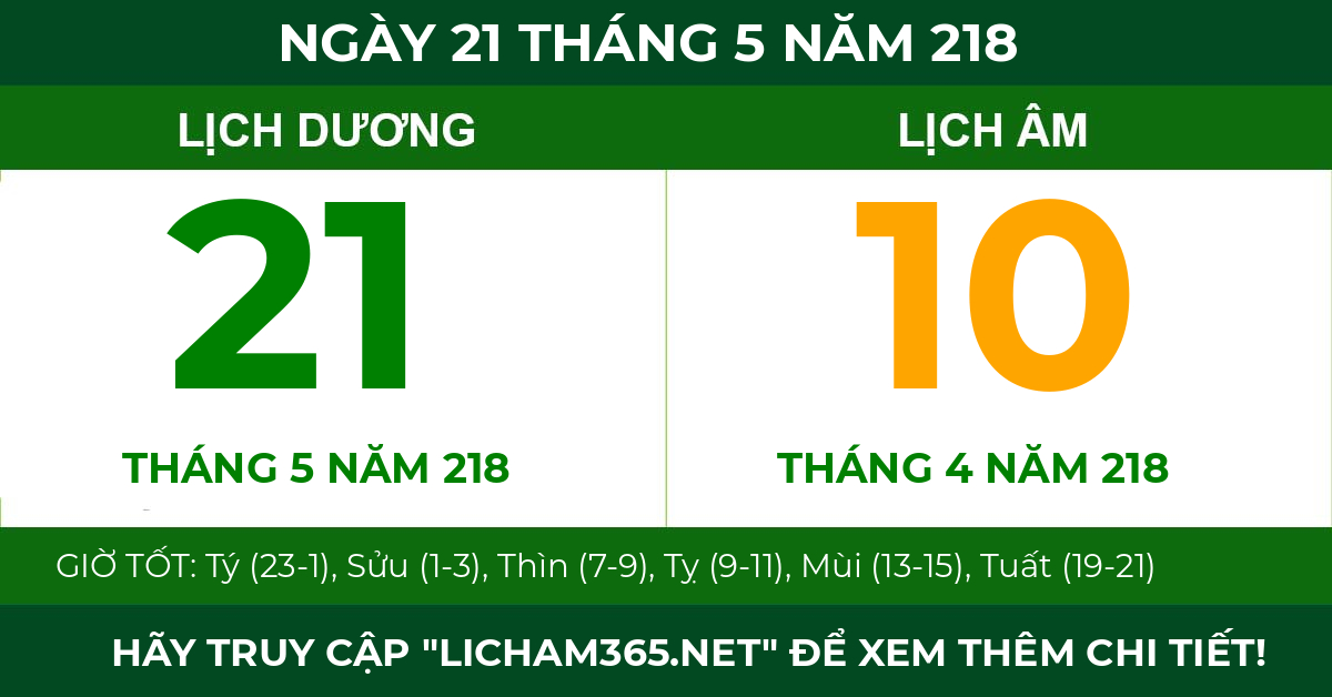 lịch âm ngày 21 tháng 5 năm 218