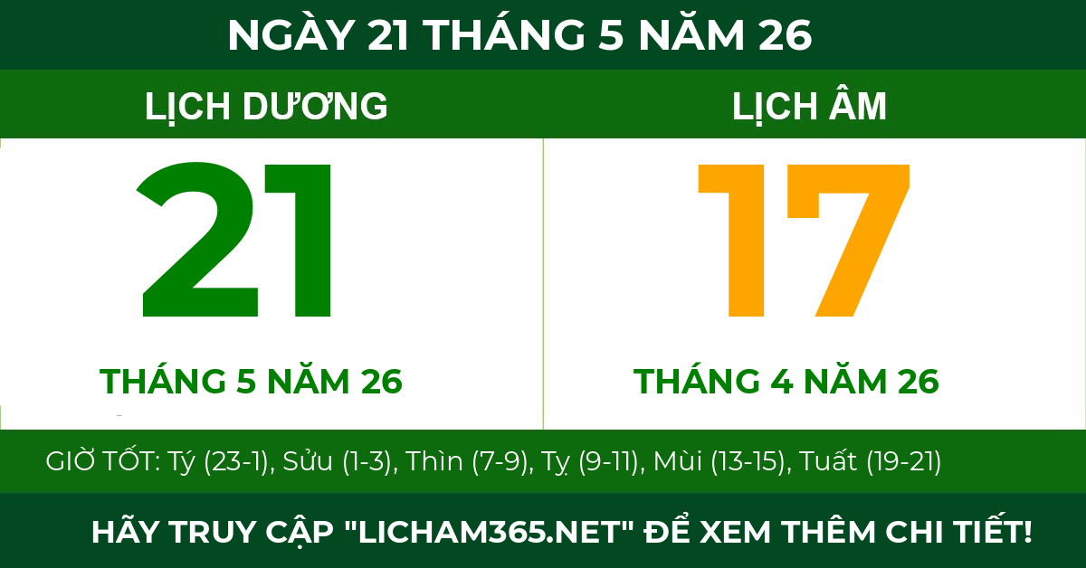 lịch âm ngày 21 tháng 5 năm 26