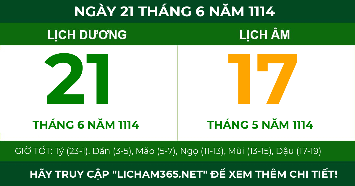 lịch âm ngày 21 tháng 6 năm 1114