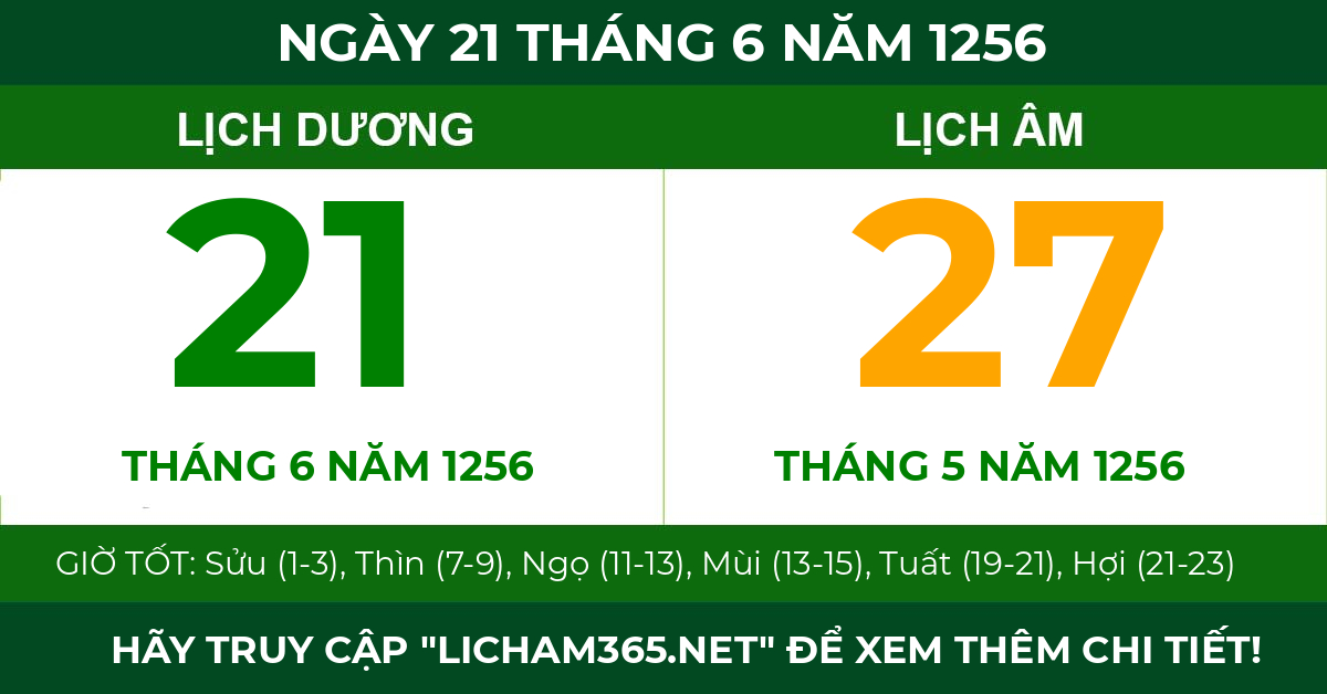 lịch âm ngày 21 tháng 6 năm 1256