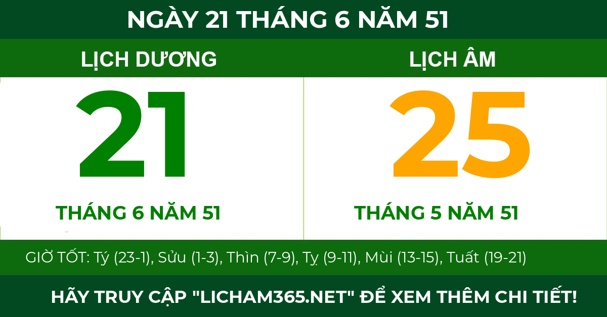 lịch âm ngày 21 tháng 6 năm 51