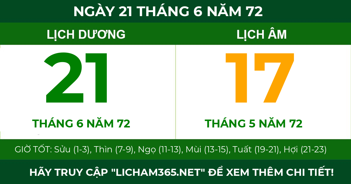 lịch âm ngày 21 tháng 6 năm 72