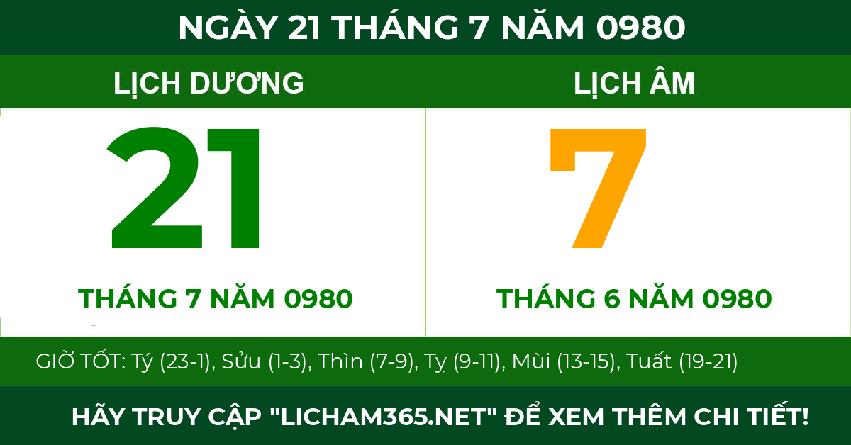 lịch âm ngày 21 tháng 7 năm 0980