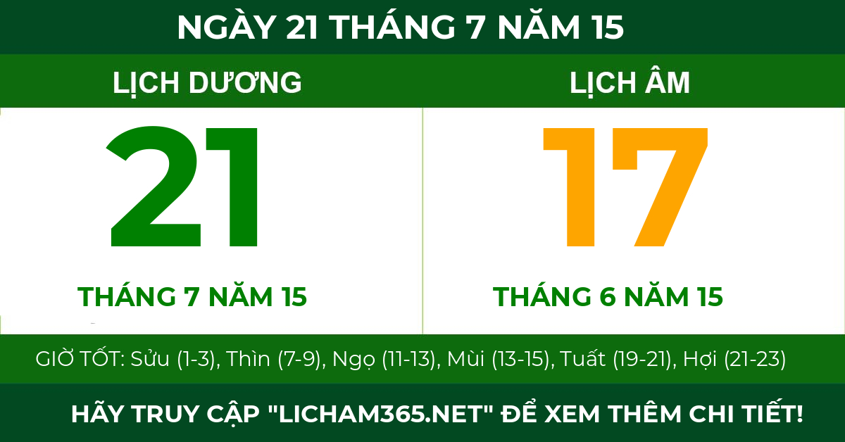 lịch âm ngày 21 tháng 7 năm 15