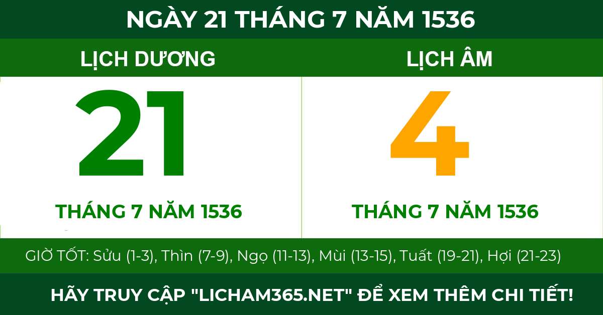 lịch âm ngày 21 tháng 7 năm 1536