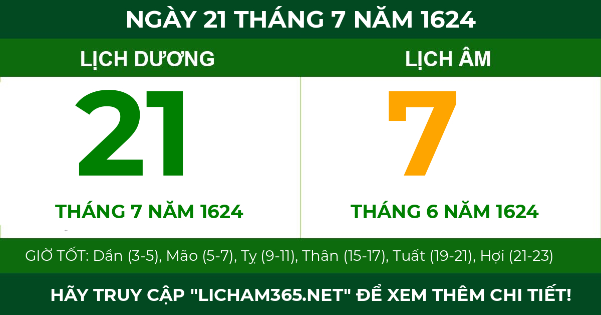 lịch âm ngày 21 tháng 7 năm 1624