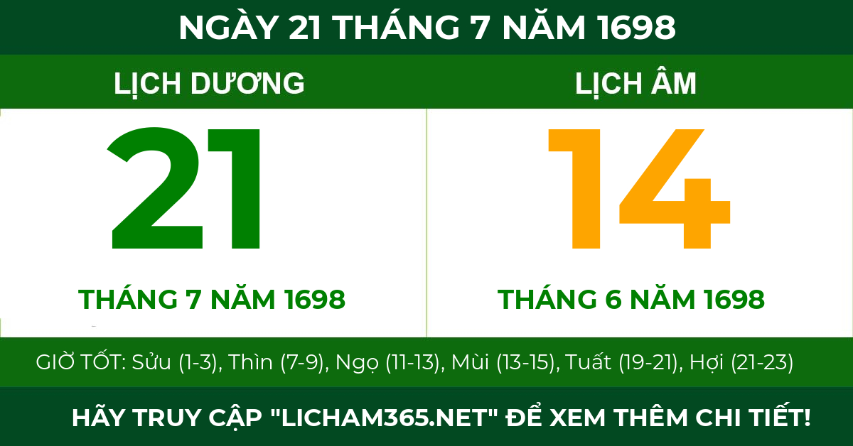 lịch âm ngày 21 tháng 7 năm 1698