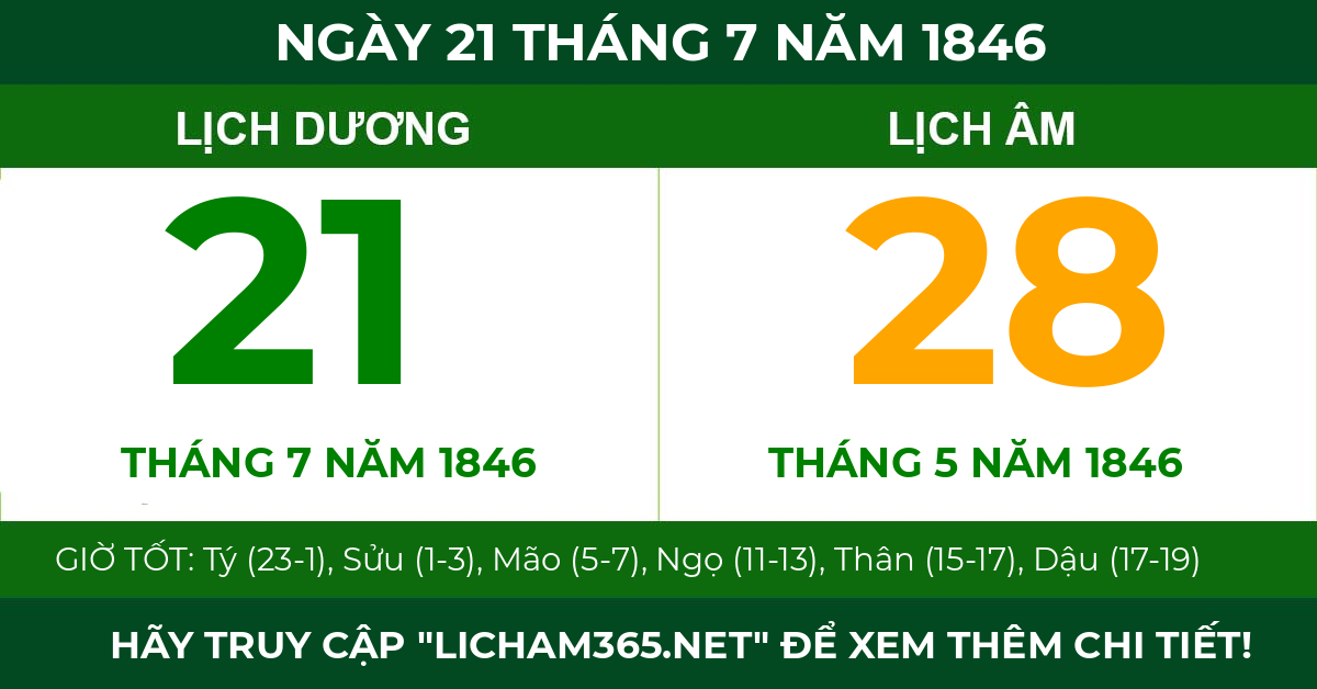 lịch âm ngày 21 tháng 7 năm 1846