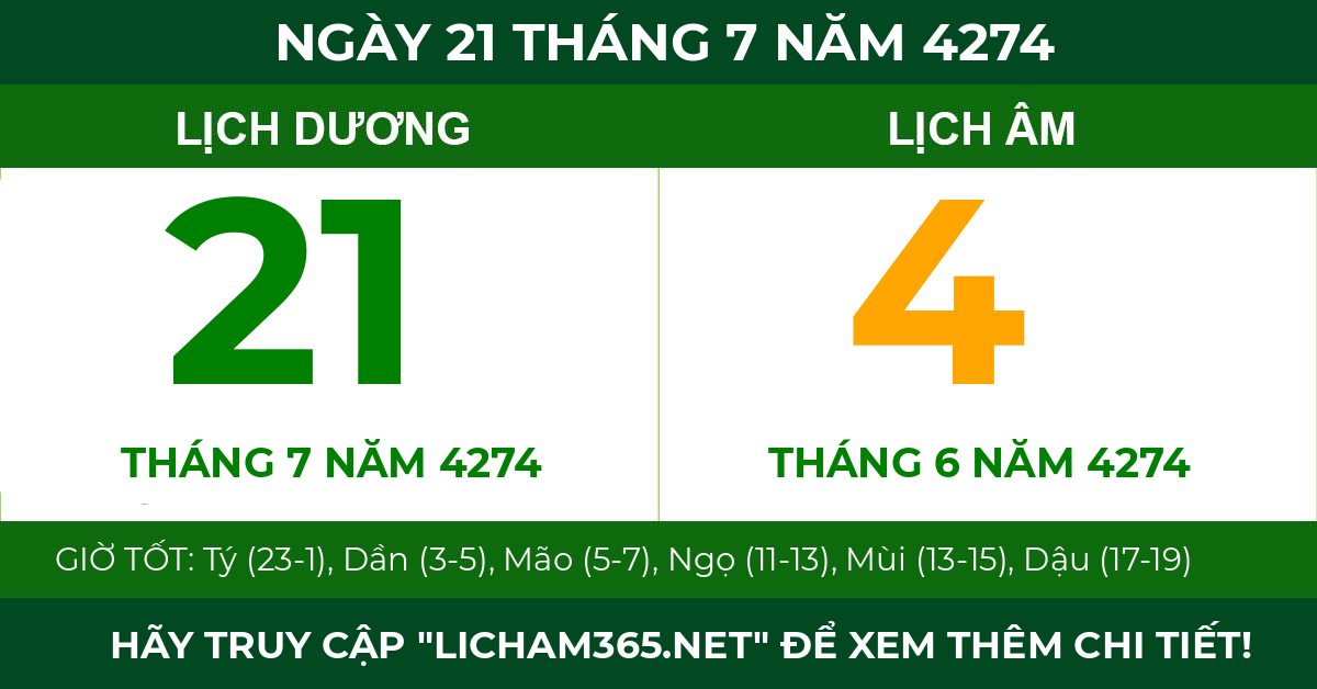 lịch âm ngày 21 tháng 7 năm 4274