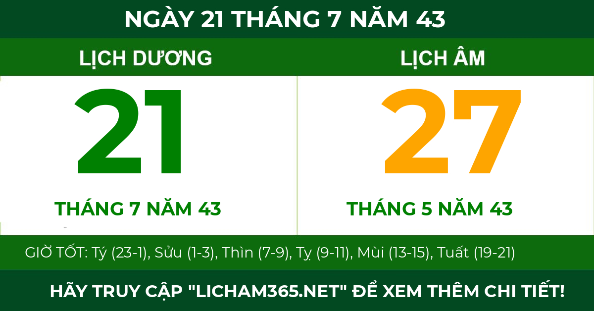 lịch âm ngày 21 tháng 7 năm 43