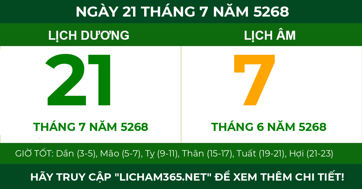 lịch âm ngày 21 tháng 7 năm 5268