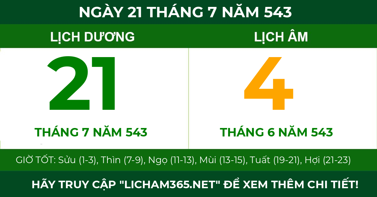 lịch âm ngày 21 tháng 7 năm 543
