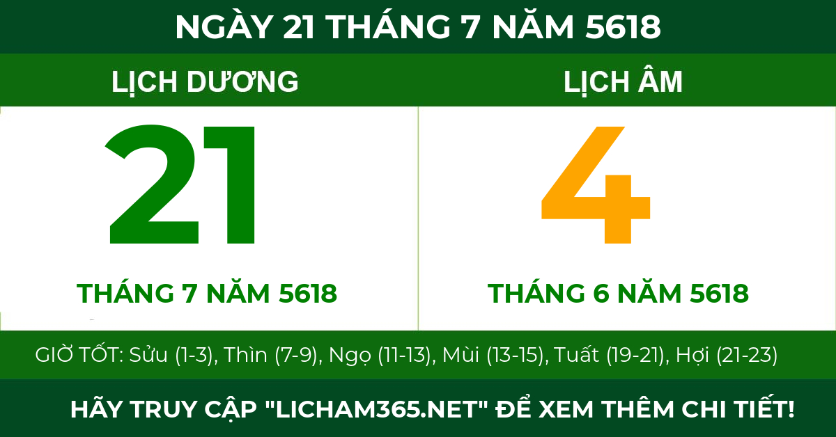 lịch âm ngày 21 tháng 7 năm 5618