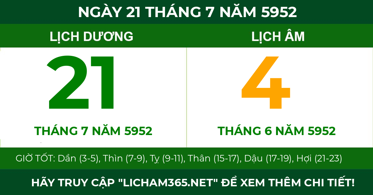 lịch âm ngày 21 tháng 7 năm 5952