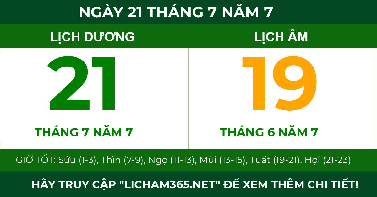 lịch âm ngày 21 tháng 7 năm 7