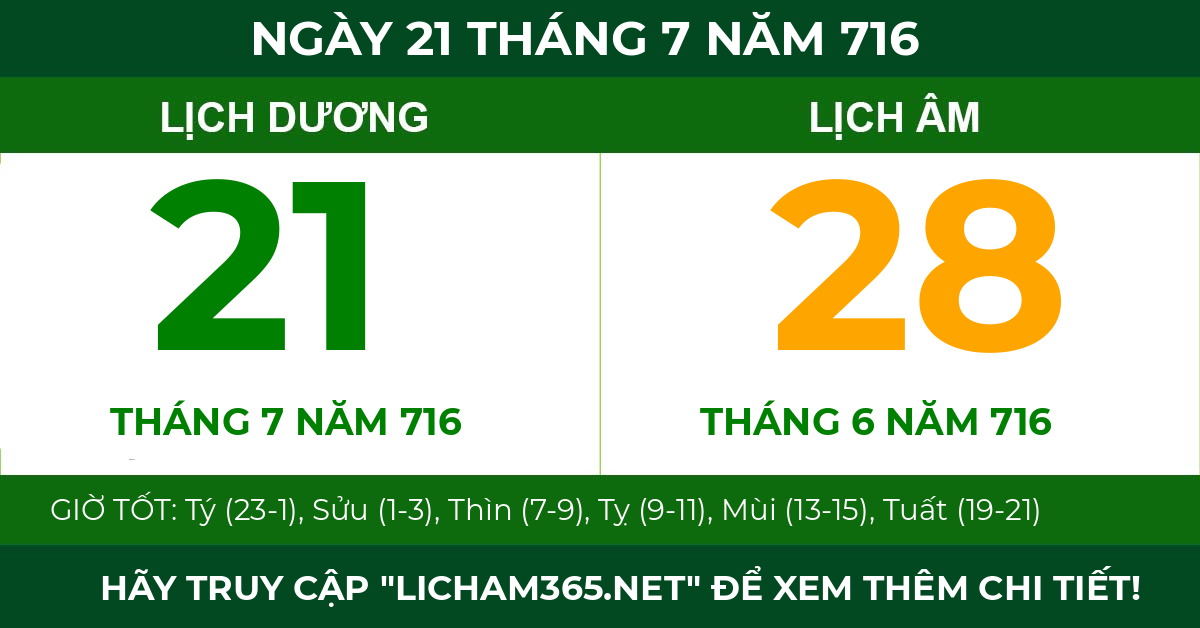 lịch âm ngày 21 tháng 7 năm 716