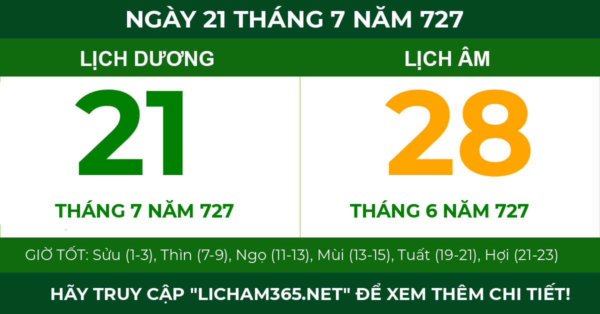 lịch âm ngày 21 tháng 7 năm 727