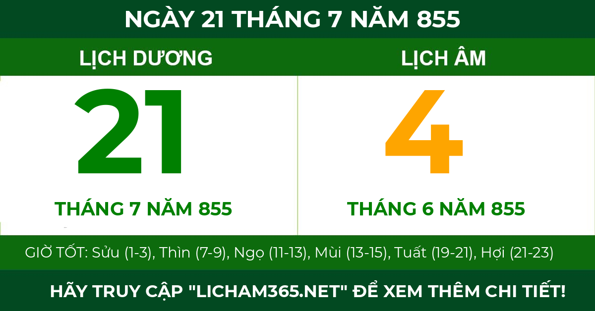 lịch âm ngày 21 tháng 7 năm 855