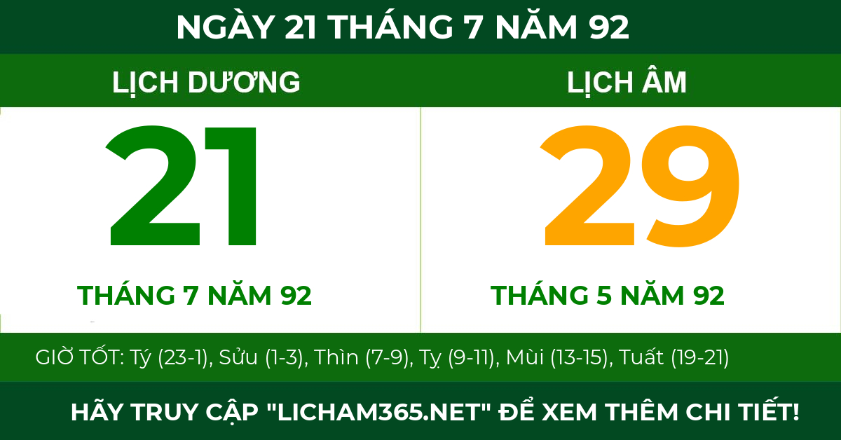 lịch âm ngày 21 tháng 7 năm 92