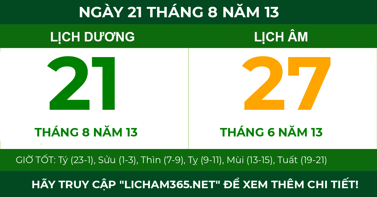 lịch âm ngày 21 tháng 8 năm 13