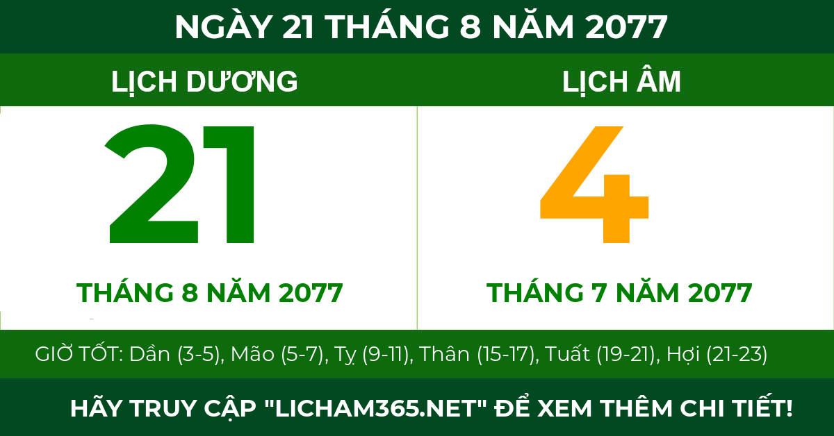 lịch âm ngày 21 tháng 8 năm 2077