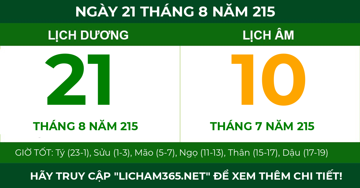 lịch âm ngày 21 tháng 8 năm 215