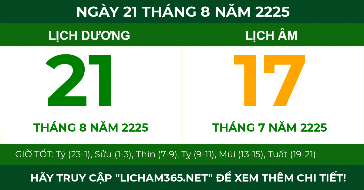 lịch âm ngày 21 tháng 8 năm 2225