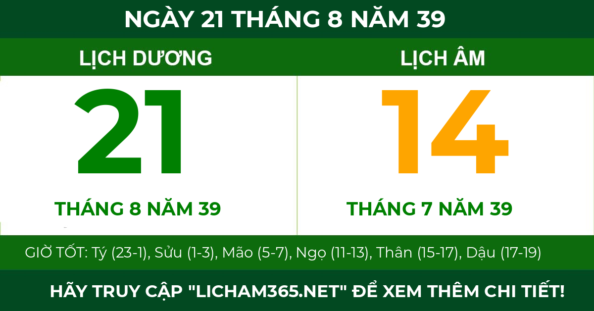 lịch âm ngày 21 tháng 8 năm 39