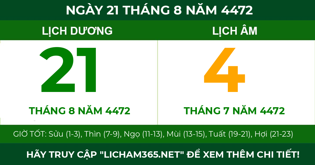 lịch âm ngày 21 tháng 8 năm 4472
