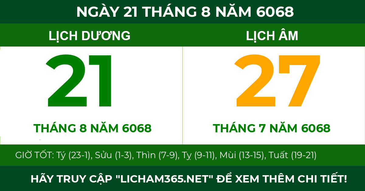 lịch âm ngày 21 tháng 8 năm 6068