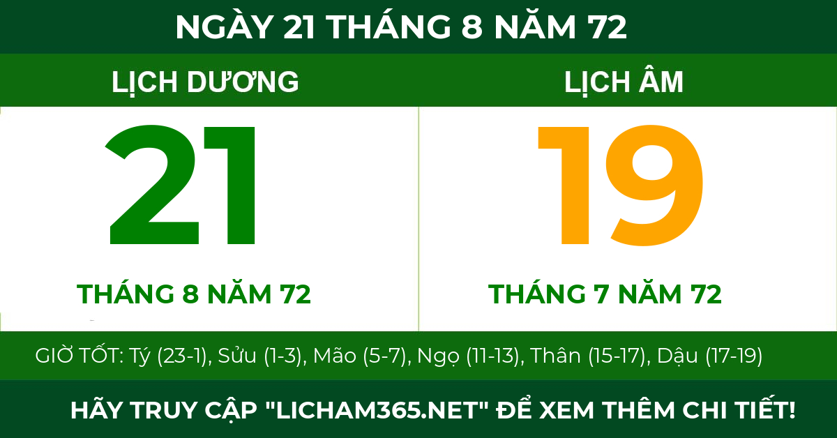lịch âm ngày 21 tháng 8 năm 72