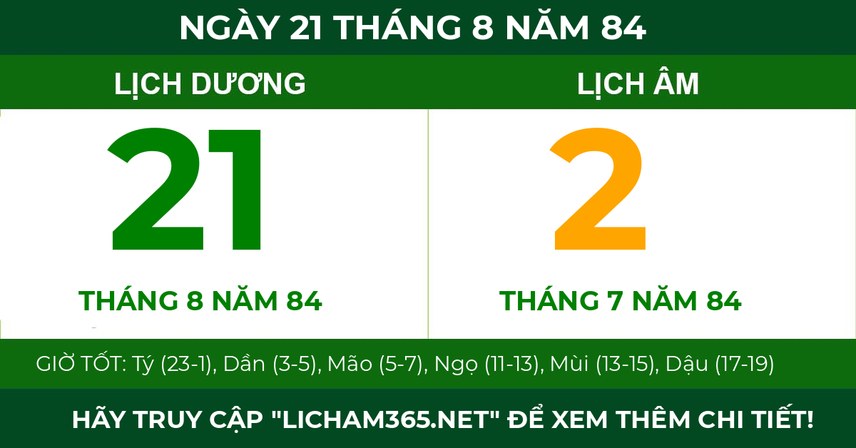 lịch âm ngày 21 tháng 8 năm 84