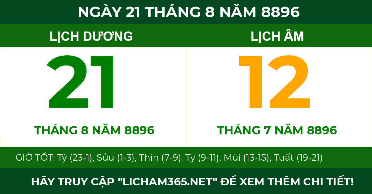lịch âm ngày 21 tháng 8 năm 8896