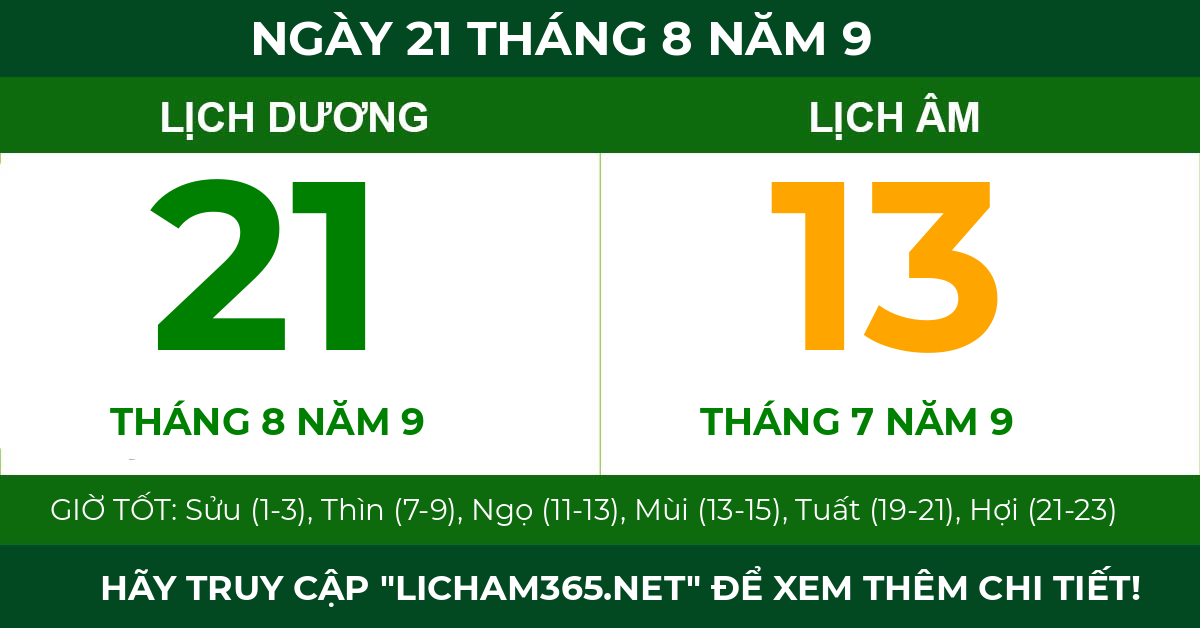 lịch âm ngày 21 tháng 8 năm 9
