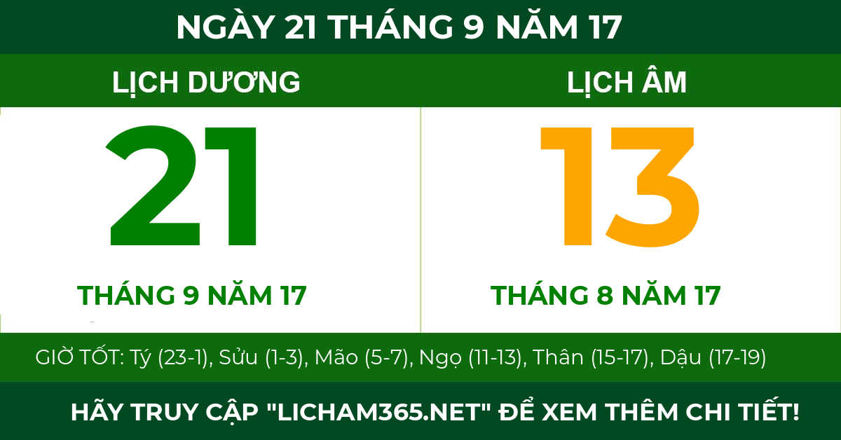 lịch âm ngày 21 tháng 9 năm 17