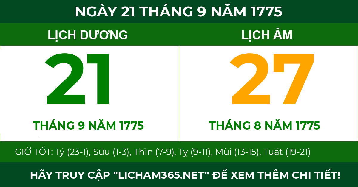 lịch âm ngày 21 tháng 9 năm 1775