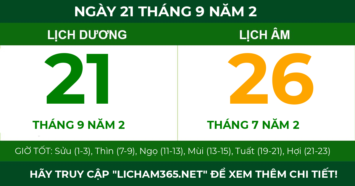 lịch âm ngày 21 tháng 9 năm 2