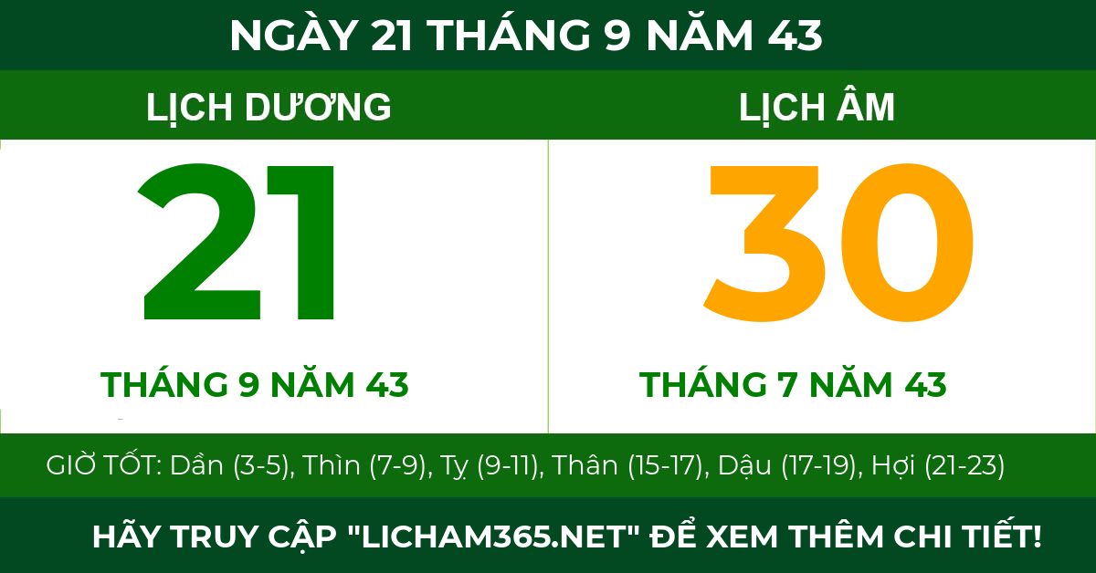 lịch âm ngày 21 tháng 9 năm 43