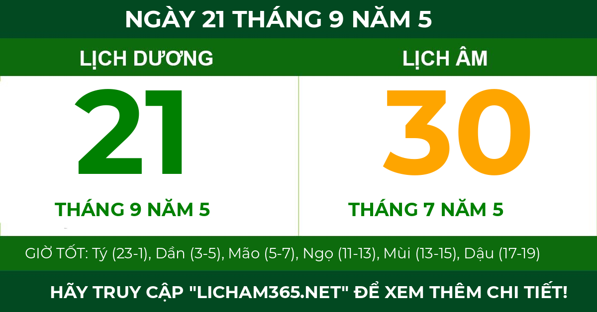 lịch âm ngày 21 tháng 9 năm 5