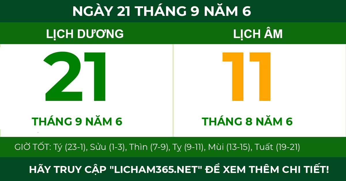 lịch âm ngày 21 tháng 9 năm 6