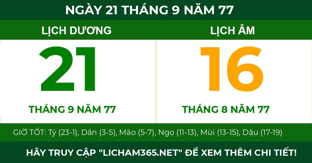 lịch âm ngày 21 tháng 9 năm 77
