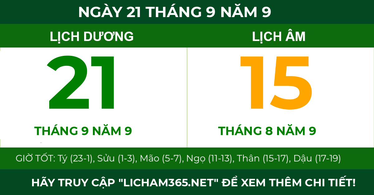lịch âm ngày 21 tháng 9 năm 9