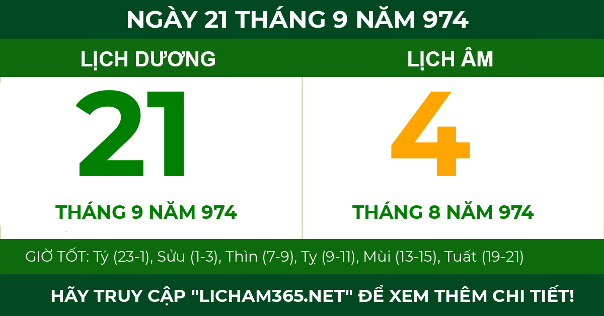 lịch âm ngày 21 tháng 9 năm 974