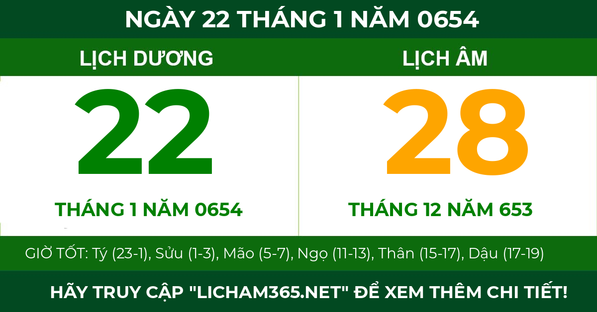 lịch âm ngày 22 tháng 1 năm 0654